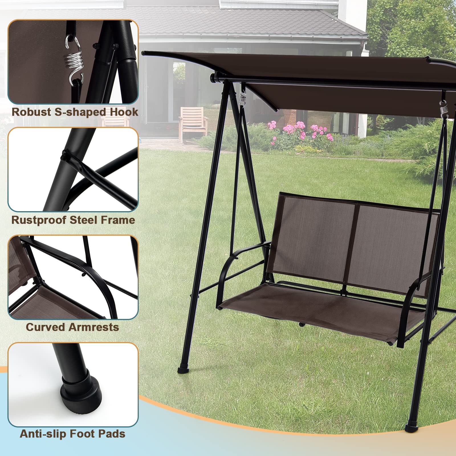 Tangkula 2 Person Porch Swing, Patio Swing with Adjustable Canopy, Comfortable Fabric Seat & Heavy-Duty Steel Frame, Outdoor Canopy Swing for Patio, Garden, Poolside (Dark Brown)