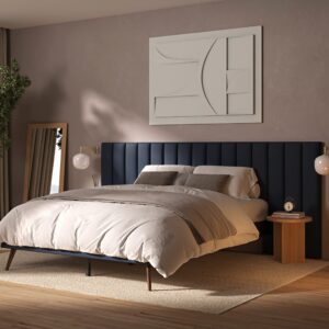 DG Casa Rhodes Queen Bed Frame with Extended Headboard, Soft Blue Velvet Fabric, Splayed Wood Legs, Solid Wood Legs, Wood Slat Support, Chic Tan Headboard, Modern, Blue