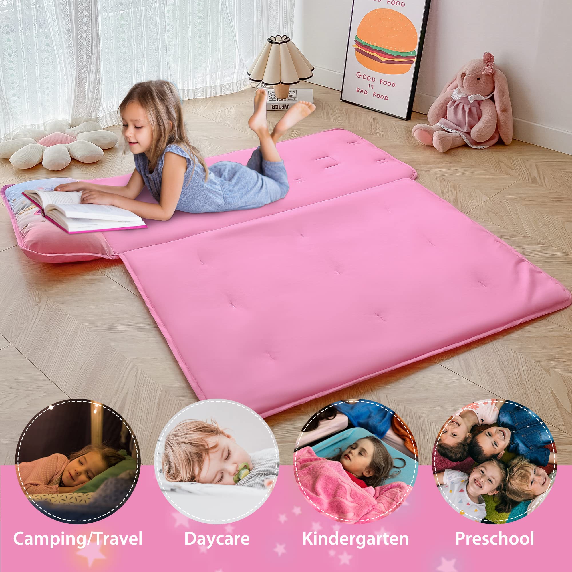 Unicorn Toddler Nap Mats for Preschool Daycare Girls Pink Cartoon Kids Sleeping Mats Toddler Slumber Bag Nap Pad with Removable Pillow for Girls Boys Kindergarten Sleepovers Travel and Camping