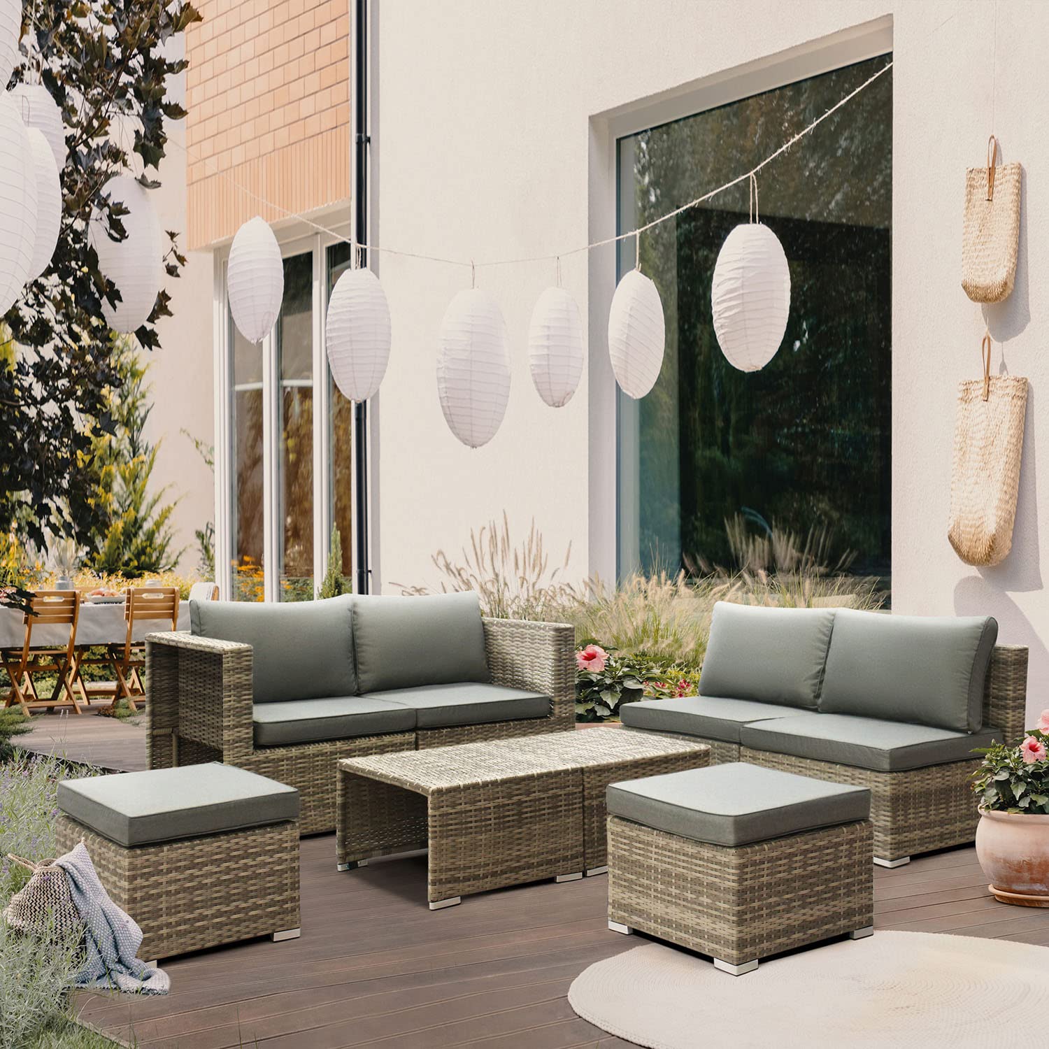 8 PCS Outdoor Furniture Fully Assembled Patio Conversation Furniture Sets Wicker Rattan Outside Sectional Sofa Couch Space Saving Deep Seating with Back Cushion Ottoman Coffee Table Grey-W/Cover