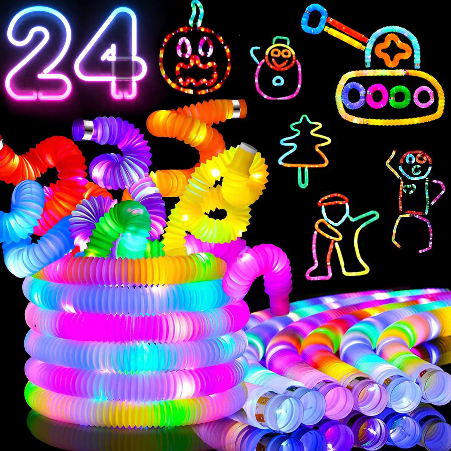 24-Pack Christmas Light Up Glow Sticks Fidget Pop Tubes Kids Party Favors Toddler Sensory Toys Bulk, Goodie Bag Stuffer Fillers, Birthday Return Gifts Treat Prizes, LED Glow in The Dark Party Supplies