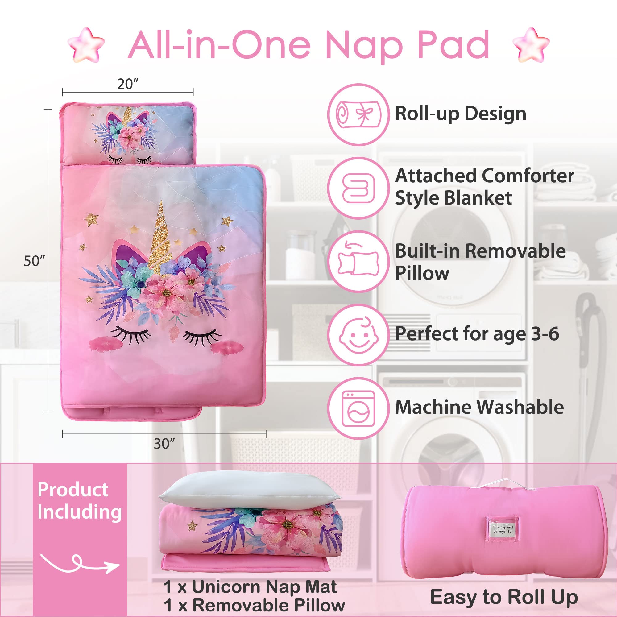 Unicorn Toddler Nap Mats for Preschool Daycare Girls Pink Cartoon Kids Sleeping Mats Toddler Slumber Bag Nap Pad with Removable Pillow for Girls Boys Kindergarten Sleepovers Travel and Camping