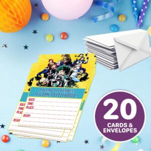 20x My Hero Academy Birthday Invitations and Envelopes – Fill-in Happy Birthday Party Invitations for Kids, 6X4 Inches, Postcard Style