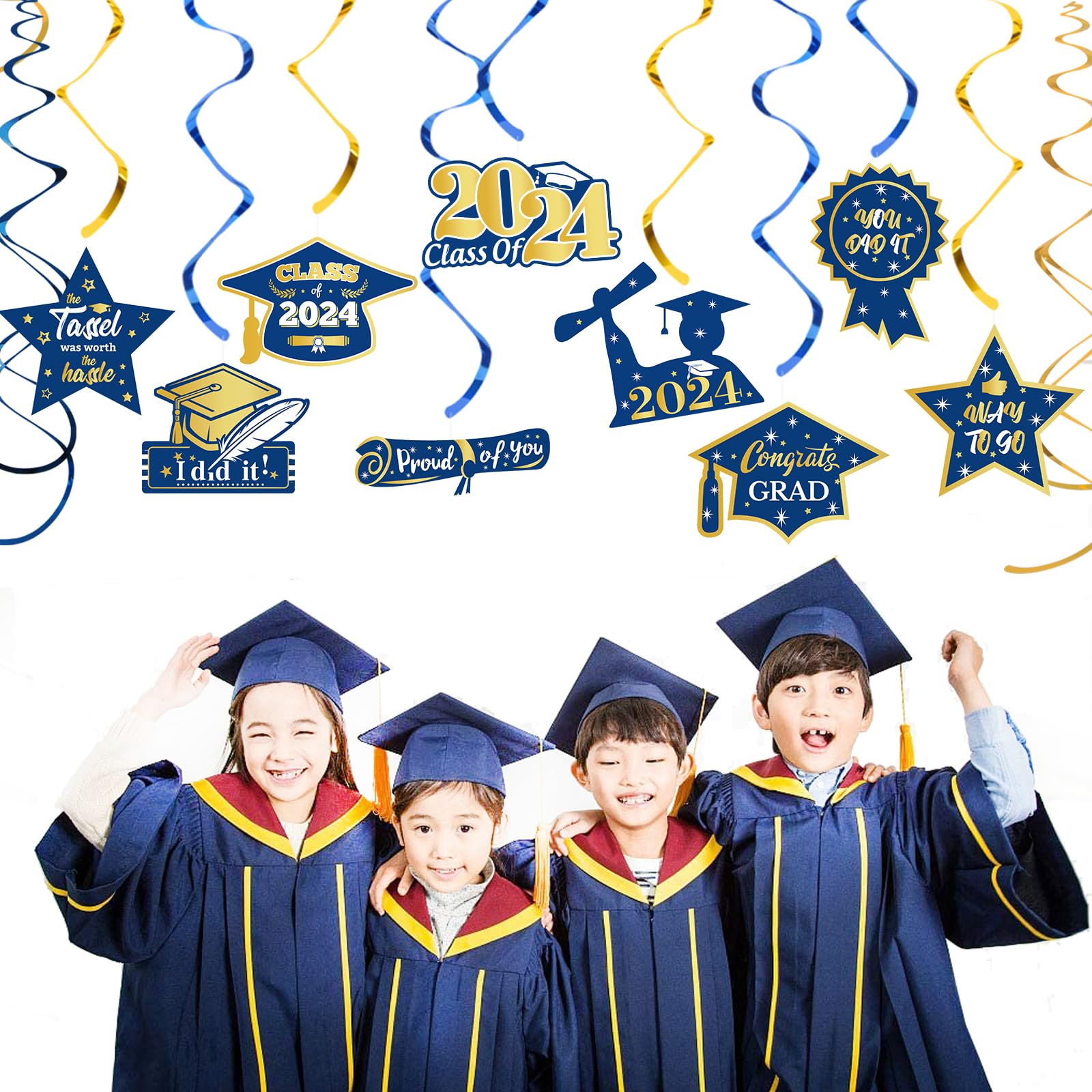 Navy-Blue Gold Graduation Party-Decorations Swirls-Streamers - 15pcs Class of 2023 Congratulations Congrats Decoration Swirls Proud of You Party Favors Supplies Panduola