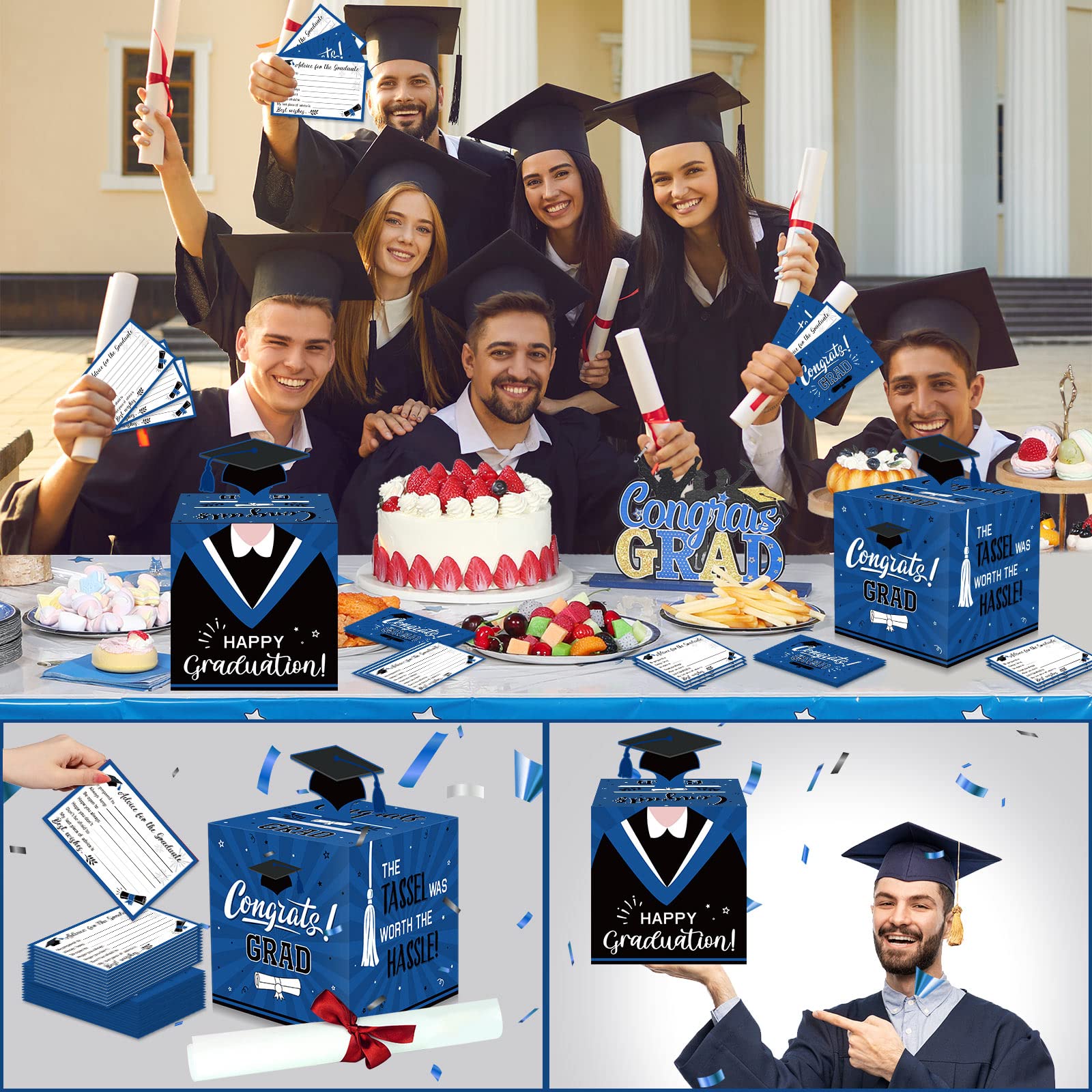 Funrous Large 2024 Graduation Card Box with 30 Pcs Advice Cards Gift Money Box Congrats Grad 3D Cap Top Card Holder Class of 2024 Card Box for College Graduation Party Supplies Decorations(Blue)