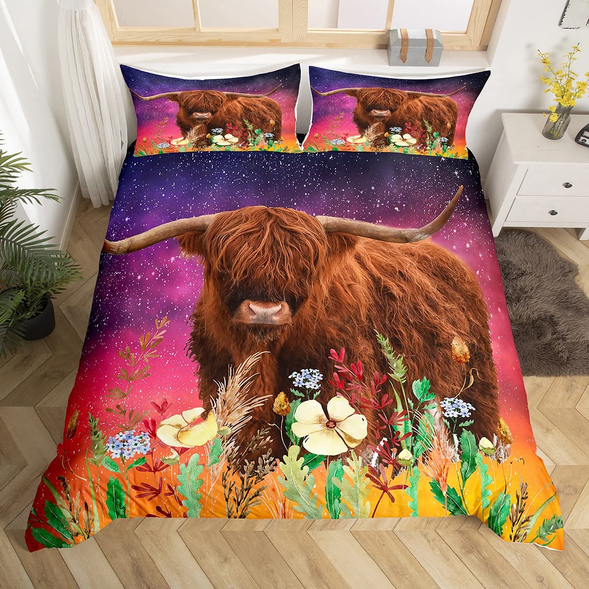 Feelyou Highland Cow Duvet Cover Queen Size Highland Cattle Comforter Cover 3D Printed Space Bedding Set Galaxy and Flowers Bedspread Cover for Kids Boys Girls Adults with 2 Pillow Case