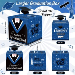 Funrous Large 2024 Graduation Card Box with 30 Pcs Advice Cards Gift Money Box Congrats Grad 3D Cap Top Card Holder Class of 2024 Card Box for College Graduation Party Supplies Decorations(Blue)