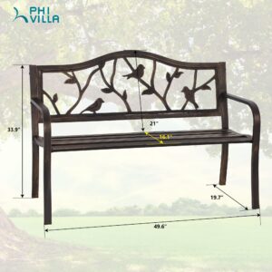 PHI VILLA 50" Patio Garden Bird Bench Steel Frame Park Yard Outdoor Furniture Cast Iron Porch Chair, Bronze