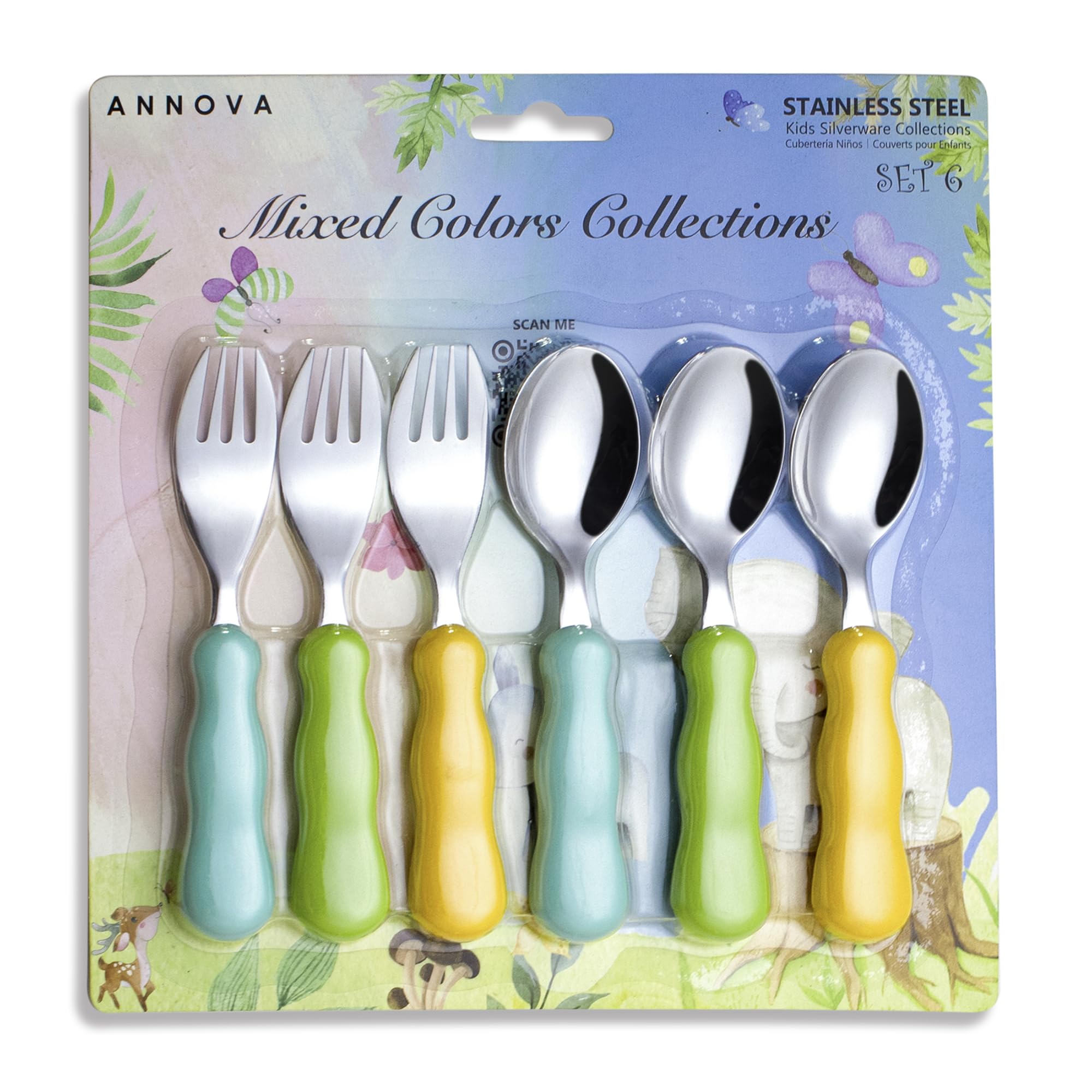 ANNOVA Kids Silverware 6 Pieces Set Children's Flatware - Stainless Steel Cutlery - 3 x Safe Forks, 3 x Dinner Spoons - Toddler Utensils Without Knives for Lunch Box BPA Free (Mix)