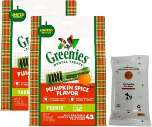 aurora pet bundle (2) greenies pumpkin spice flavor teenie size dog dental treats (12-oz bags) with aurorapet wipes