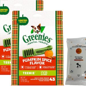 Aurora Pet Bundle (2) Greenies Pumpkin Spice Flavor Teenie Size Dog Dental Treats (12-oz Bags) with AuroraPet Wipes