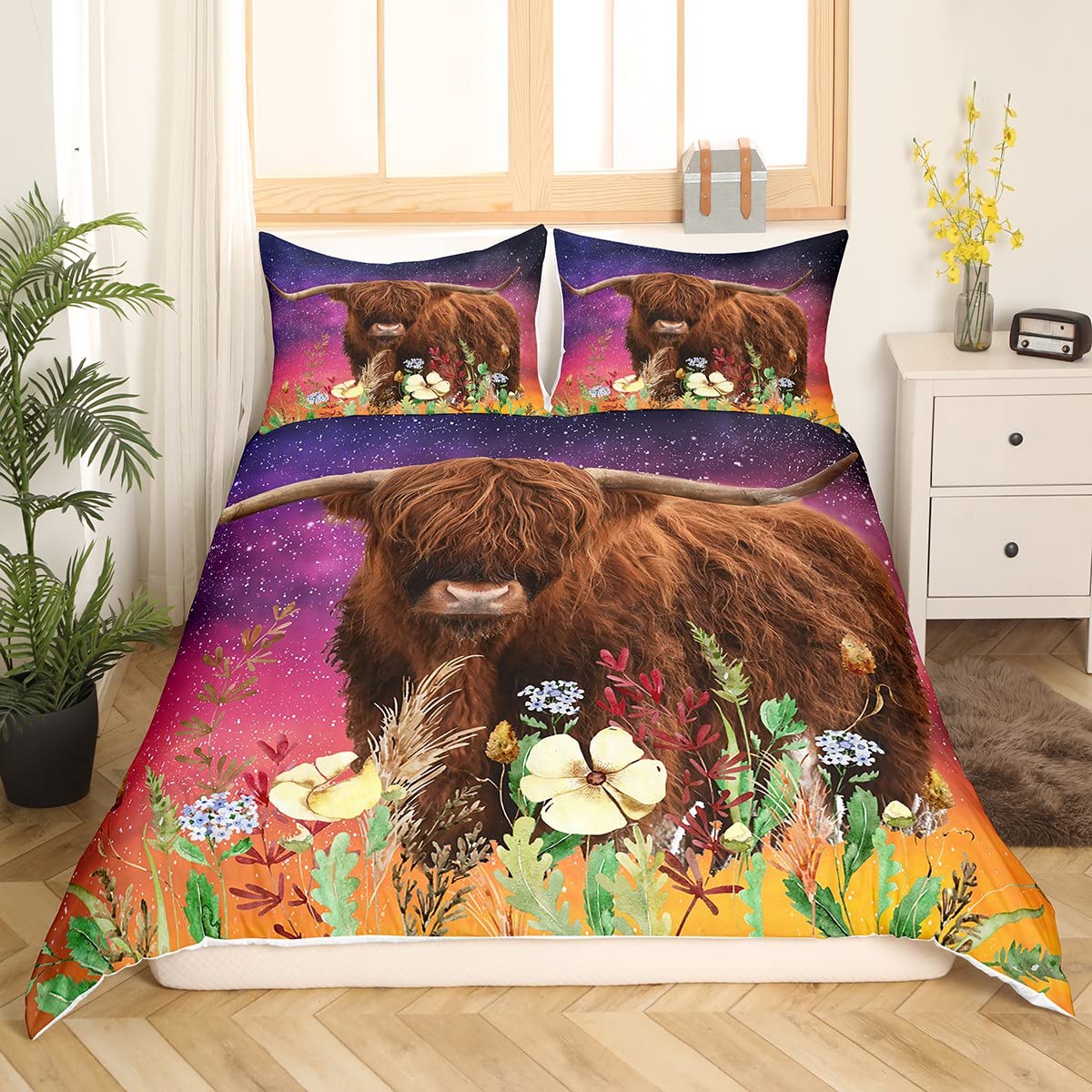 Feelyou Highland Cow Duvet Cover Queen Size Highland Cattle Comforter Cover 3D Printed Space Bedding Set Galaxy and Flowers Bedspread Cover for Kids Boys Girls Adults with 2 Pillow Case