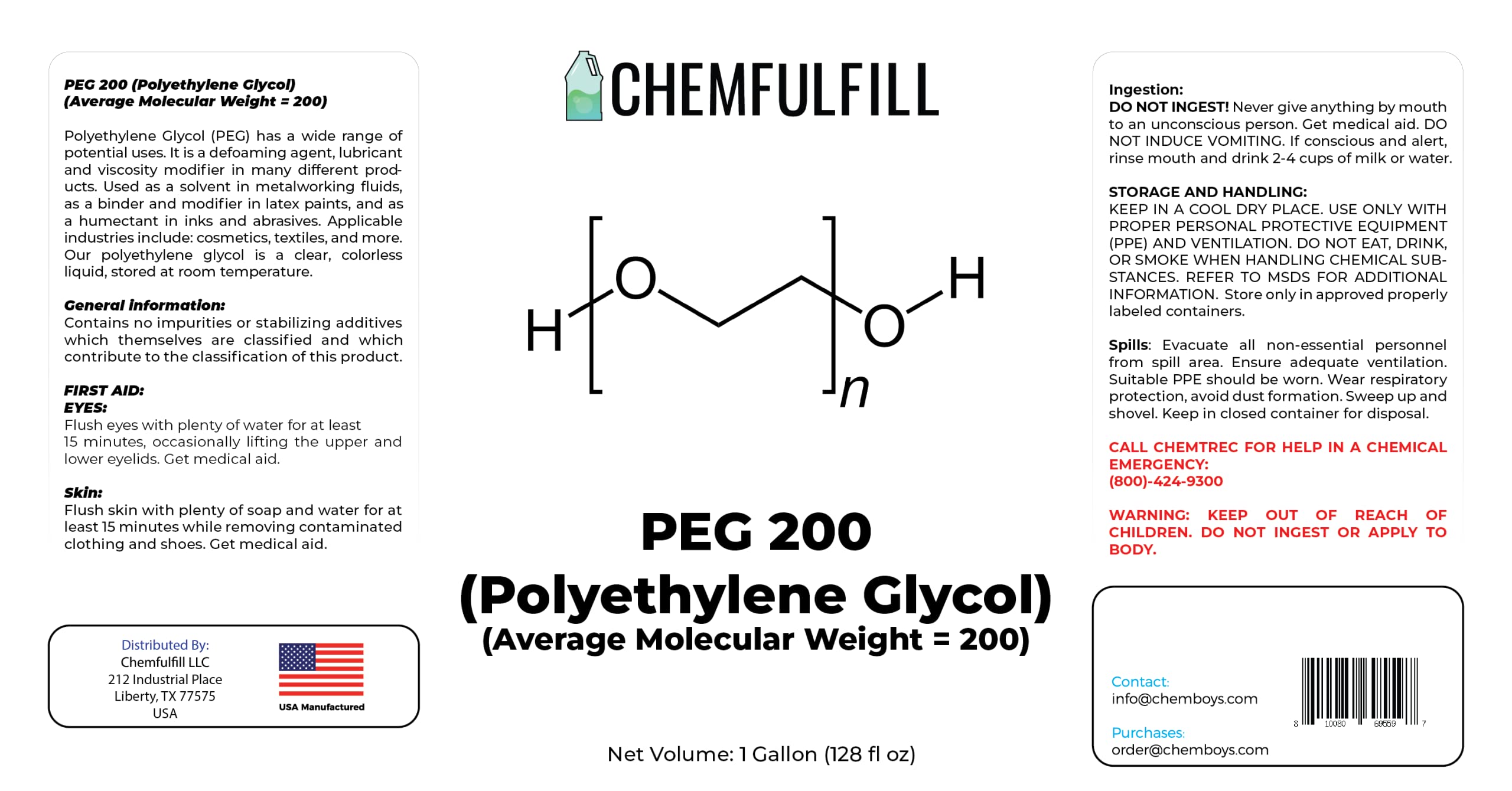 Chemfulfill PEG 200 – Polyethylene Glycol 200 (PEG200) (Gallon (128 fl oz))