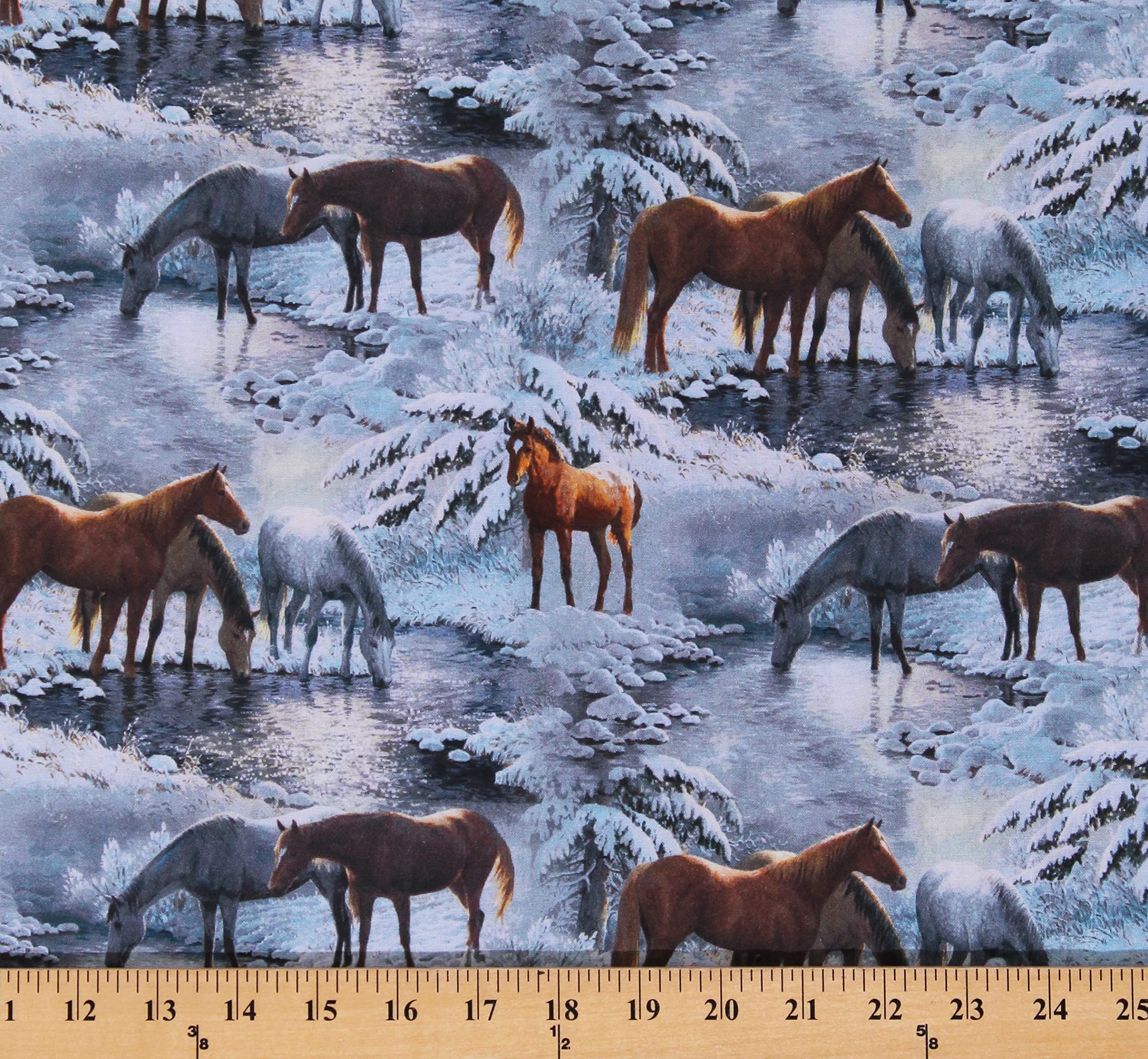 Cotton Horses Equestrian Animals Winter Scenic Crystal Glenn Blue Cotton Fabric Print by The Yard (53281-1600715P)