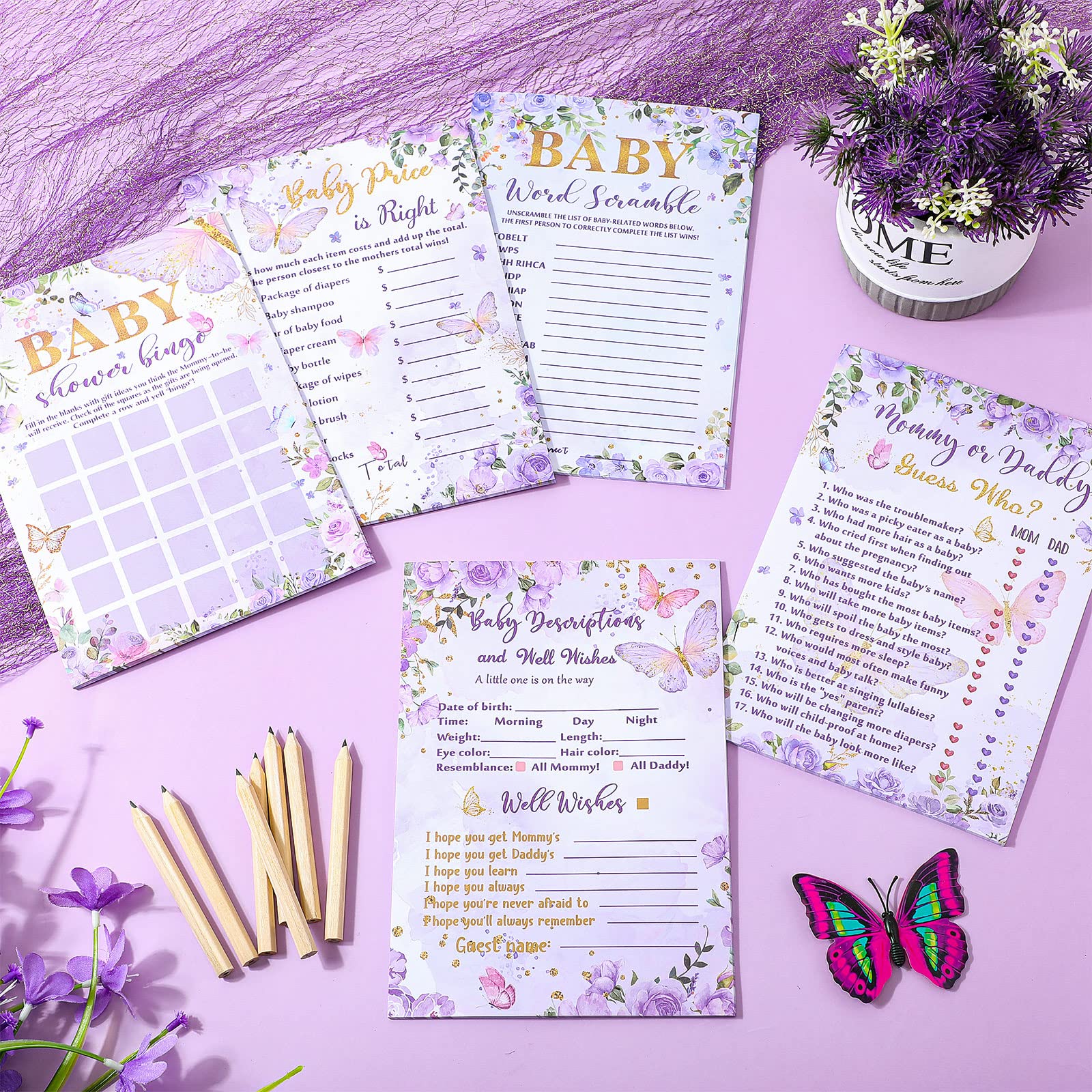 Nuanchu 145 Pcs Butterfly Theme Baby Shower Games, 5 Games, 25 Sheets Each with 20 Pencils, Baby Shower Bingo, Guess Who, Word Scramble, Baby Descriptions and Wishes Game