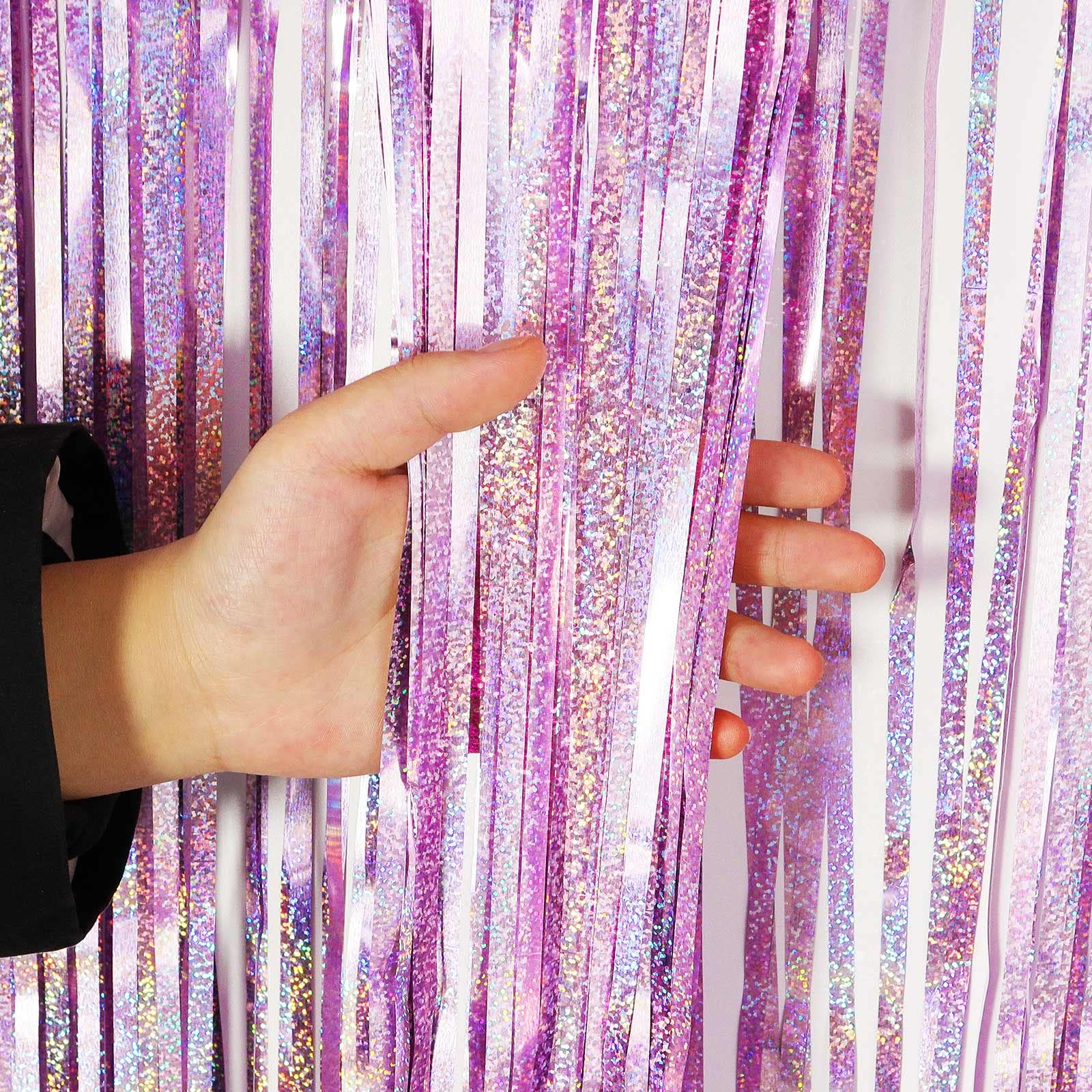 Light Purple Fringe Curtain Backdrop, 2 Pack Tinsel Foil Fringe Curtains Party Decorations Streamers, Xmas Light Purple Metallic Glitter Backdrop for Birthday Wedding Bridal Shower Photo Booth