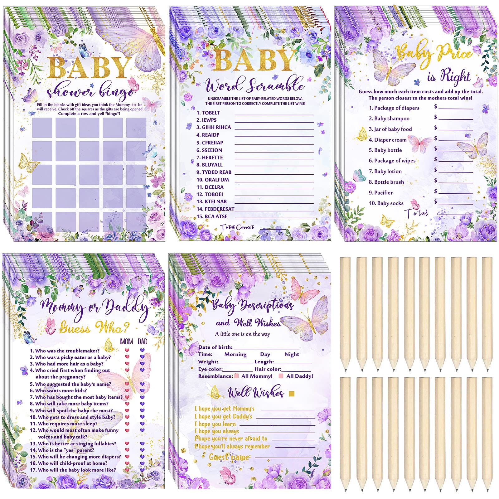 Nuanchu 145 Pcs Butterfly Theme Baby Shower Games, 5 Games, 25 Sheets Each with 20 Pencils, Baby Shower Bingo, Guess Who, Word Scramble, Baby Descriptions and Wishes Game