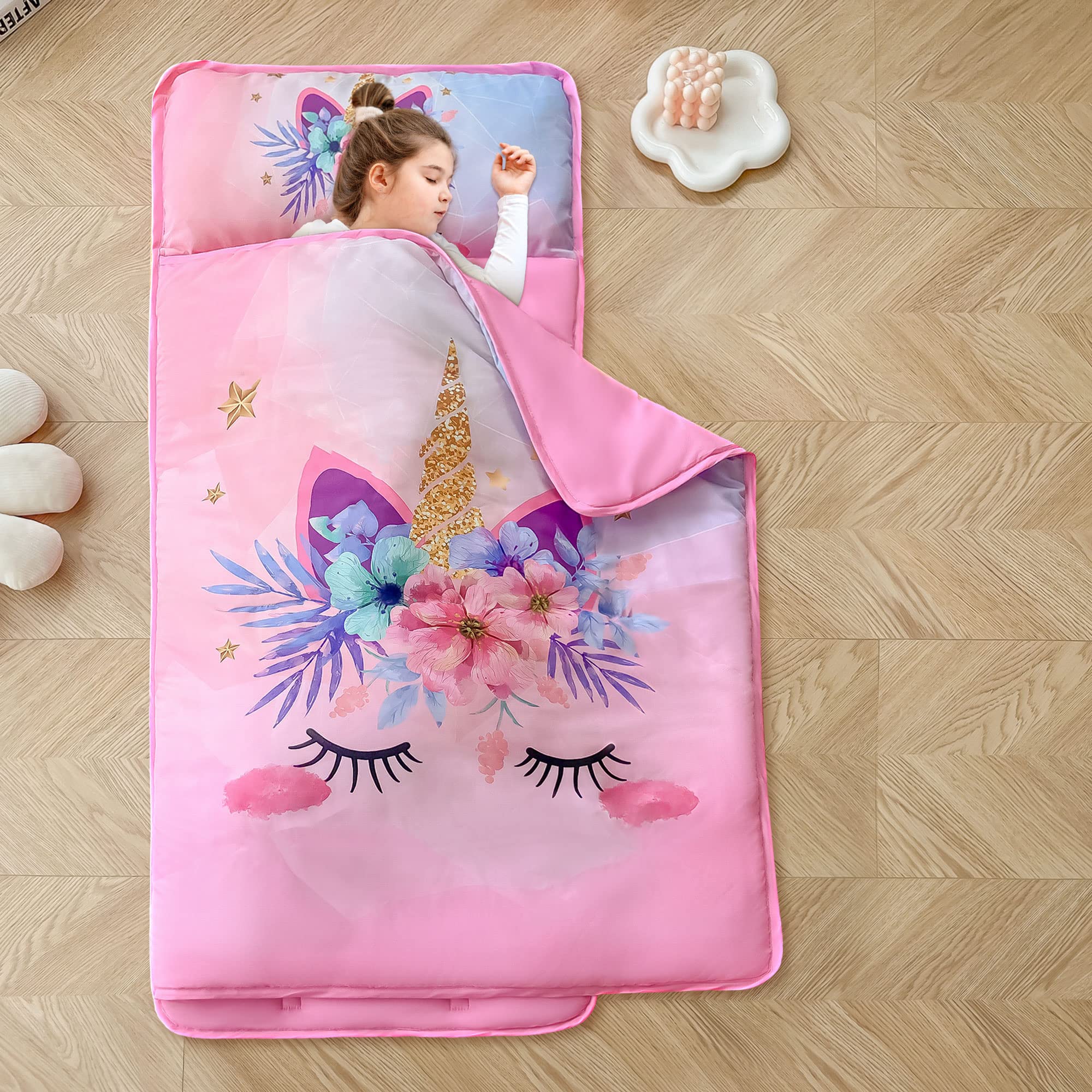 Unicorn Toddler Nap Mats for Preschool Daycare Girls Pink Cartoon Kids Sleeping Mats Toddler Slumber Bag Nap Pad with Removable Pillow for Girls Boys Kindergarten Sleepovers Travel and Camping