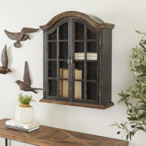 Deco 79 Wood Distressed 1 Shelf and 2 Doors Wall Shelf with Arched Shutter Doors, 22" x 8" x 28", Black