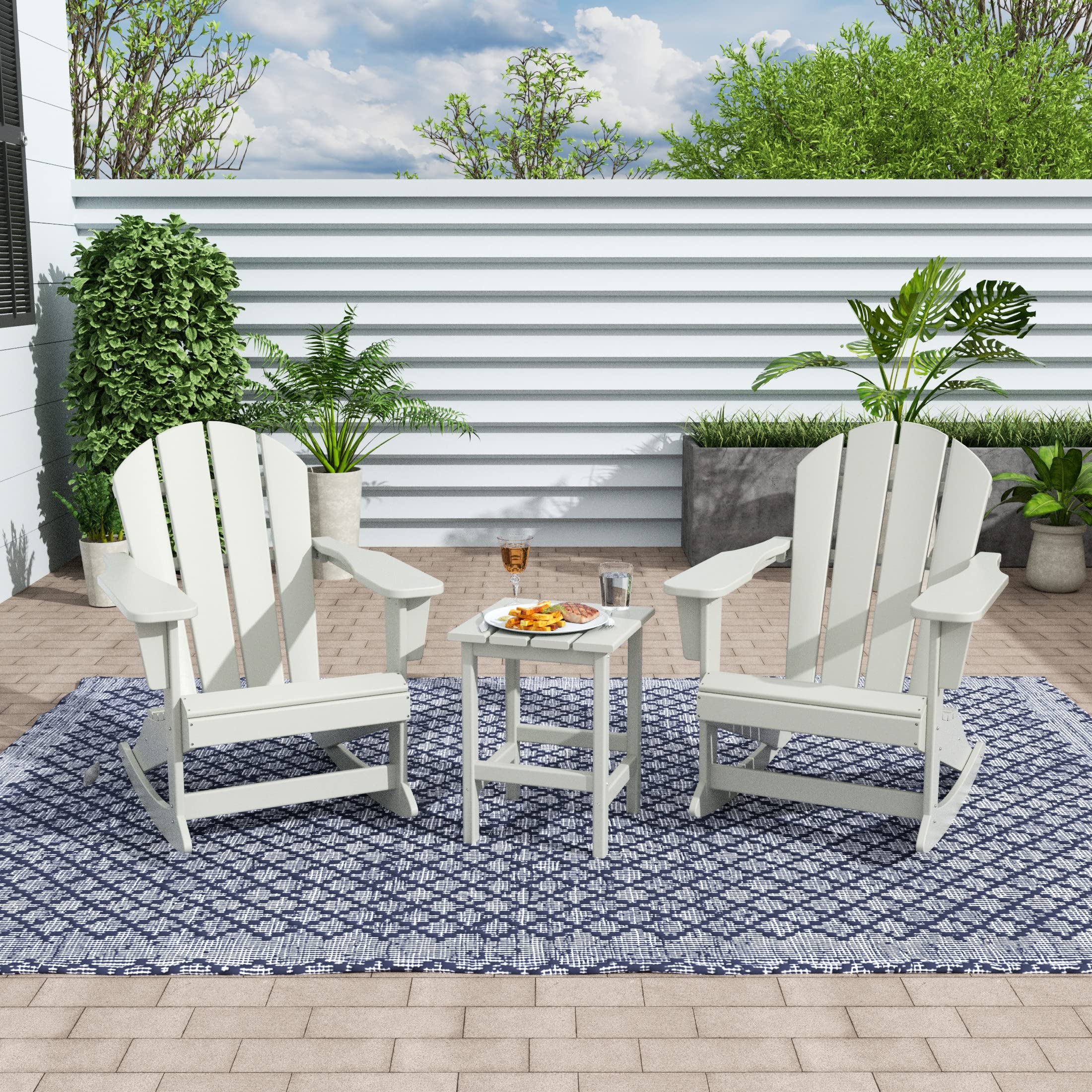 WestinTrends Malibu 3 Piece Outdoor Rocking Chair Set, All Weather Poly Lumber Porch Patio Adirondack Rocking Chair Set of 2 with Side Table, Sand