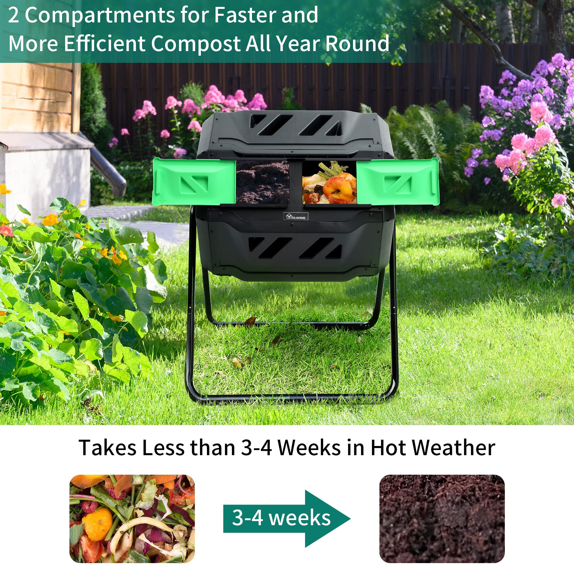 YITAHOME Large Outdoor Dual Bin Composter Tumbling, 43 Gallon Rotating Compost Bin with 2 Sliding Doors and Aeration System, Garden Compost Tumbler, BPA Free (2x21.5 Gallon,Green)