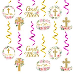 angolio 30pcs pink floral cross hanging swirls decorations, religious baby shower themed decoration ceiling hanging decor, first holy communion ceremony party swirl hanging ornaments