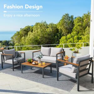 Devoko 4 Pieces Patio Furniture Sets Outdoor Conversation Set Acacia Wood Sofa Set with Coffee Table Thicker Sponge Cushion