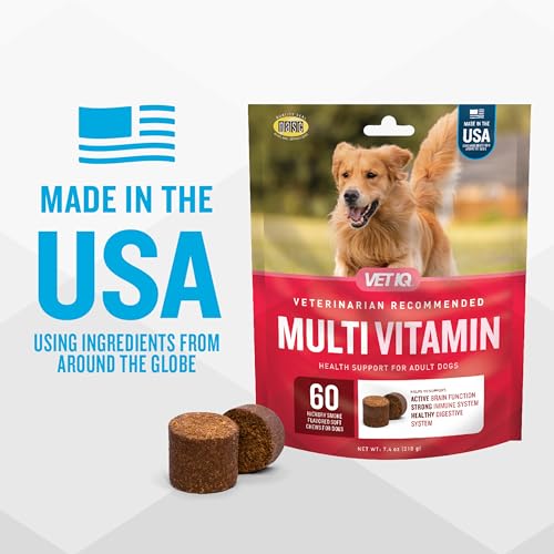 VetIQ Multivitamin Supplement for Dogs, Supports Active Brain Function, Immune System, and Digestive System, Hickory Smoke Flavored Dog Multivitamin, Made in The USA, 60 Count