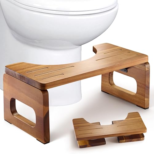 BLUEWEST Foldable Toilet Stool, Acacia Wood Poop Stool for Potty Training, 7 Inch Collapsible Bathroom Stool, Folding Stool for Adults with Non-Slip