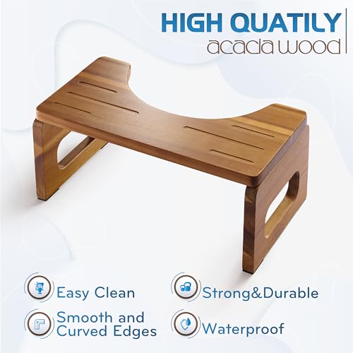 BLUEWEST Foldable Toilet Stool, Acacia Wood Poop Stool for Potty Training, 7 Inch Collapsible Bathroom Stool, Folding Stool for Adults with Non-Slip