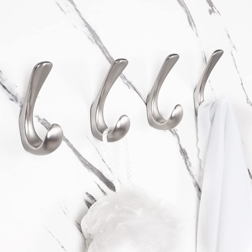 Metaliby 4 Pack Towel Hooks for Bathrooms Wall Mounted, Brushed Nickel Bathroom Hooks for Towels, Robe & Towel Hook for Wall, Modern Wall Hook Bath Towel Hook