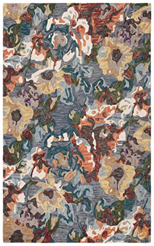 SAFAVIEH Blossom Collection Accent Rug - 3' x 5', Light Blue & Rust, Handmade French Country Floral Wool, Ideal for High Traffic Areas in Entryway, Living Room, Bedroom (BLM464L)