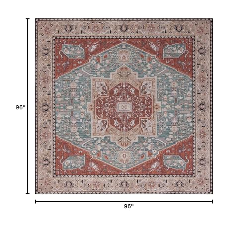 SAFAVIEH Tucson Collection Area Rug - 8' Square, Aqua & Rust, Traditional Persian Design, Non-Shedding Machine Washable & Slip Resistant Ideal for High Traffic Areas in Living Room, Bedroom (TSN150J)