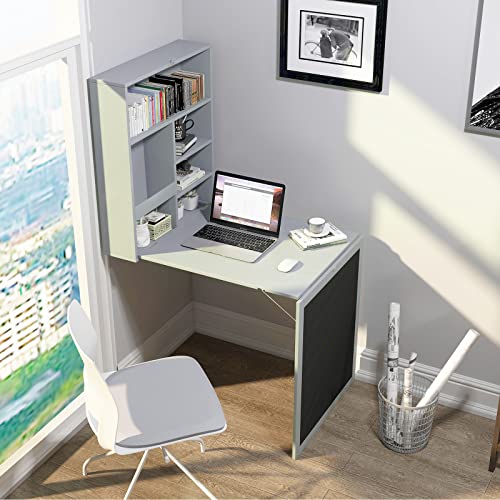 IFANNY Folding Wall Desk, Wall Mounted Fold Out Desk with Storage Shelves & Hooks, Hideaway Desk Wall Mount with Chalkboard, Floating Corner Desk for Small Spaces (Gray)