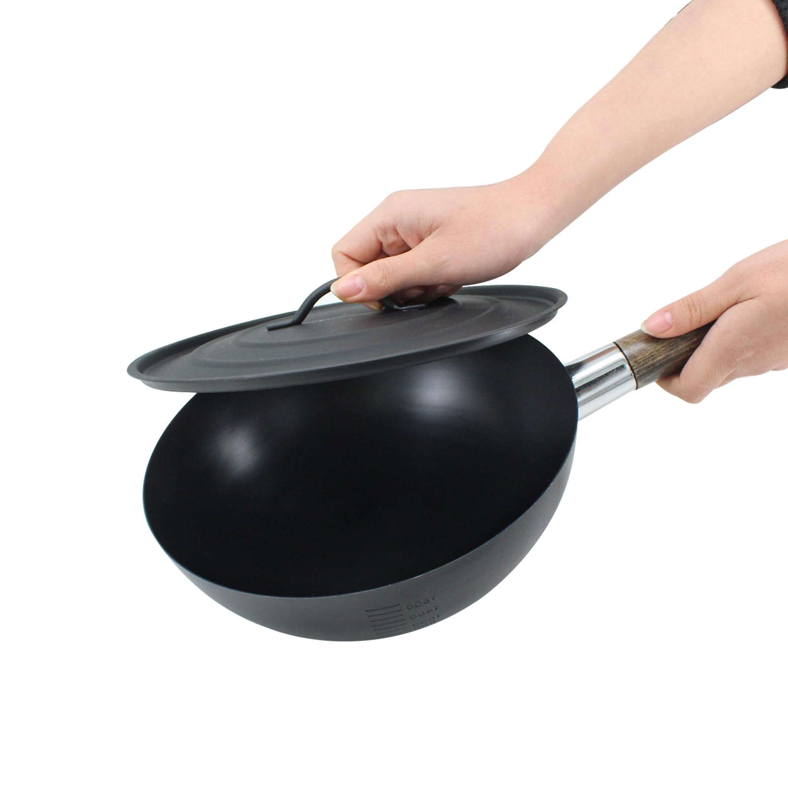 POLARBEAR Non-Stick Cast Iron Wok Small Wok Pan with Iron Lid Wooden Handle Suitable for All Stoves, 9" Mini Wok