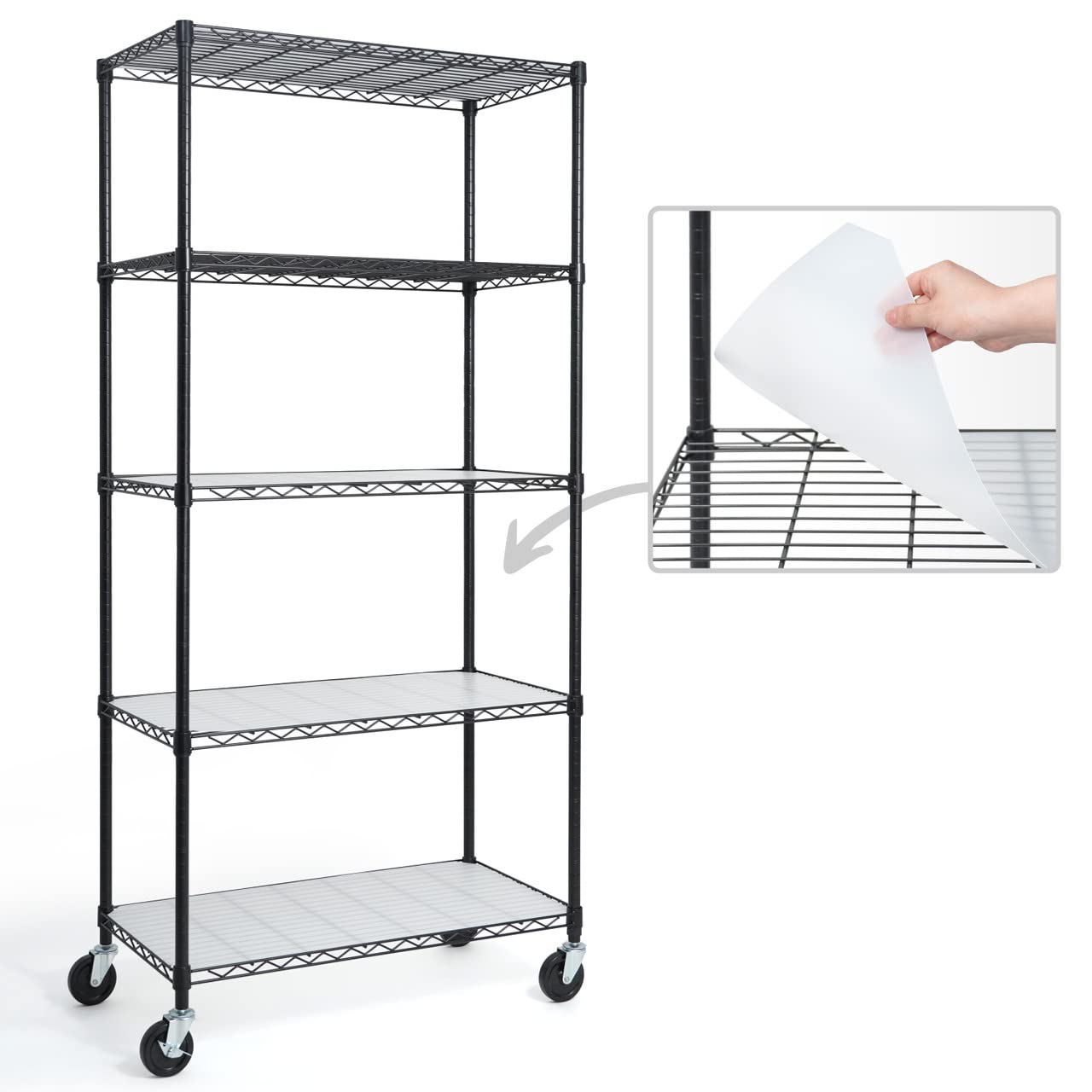 Fencer Wire NSF Commercial Heavy Duty Wire Shelving w/Wheels, Leveling Feet & Liners, Kitchen Storage Shelf, Garage Shelving Storage, Utility Wire Rack Storage Shelves, w/Liner, 36 x 18 x 76 5-Tier