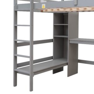 Harper & Bright Designs Full Loft Bed with Desk and Storage Shelves, Wood Full Size Loft Bed with Desk Underneath, High Loft Bed Full with Slat Support for Kids, Boys,Girls,Teens, Grey