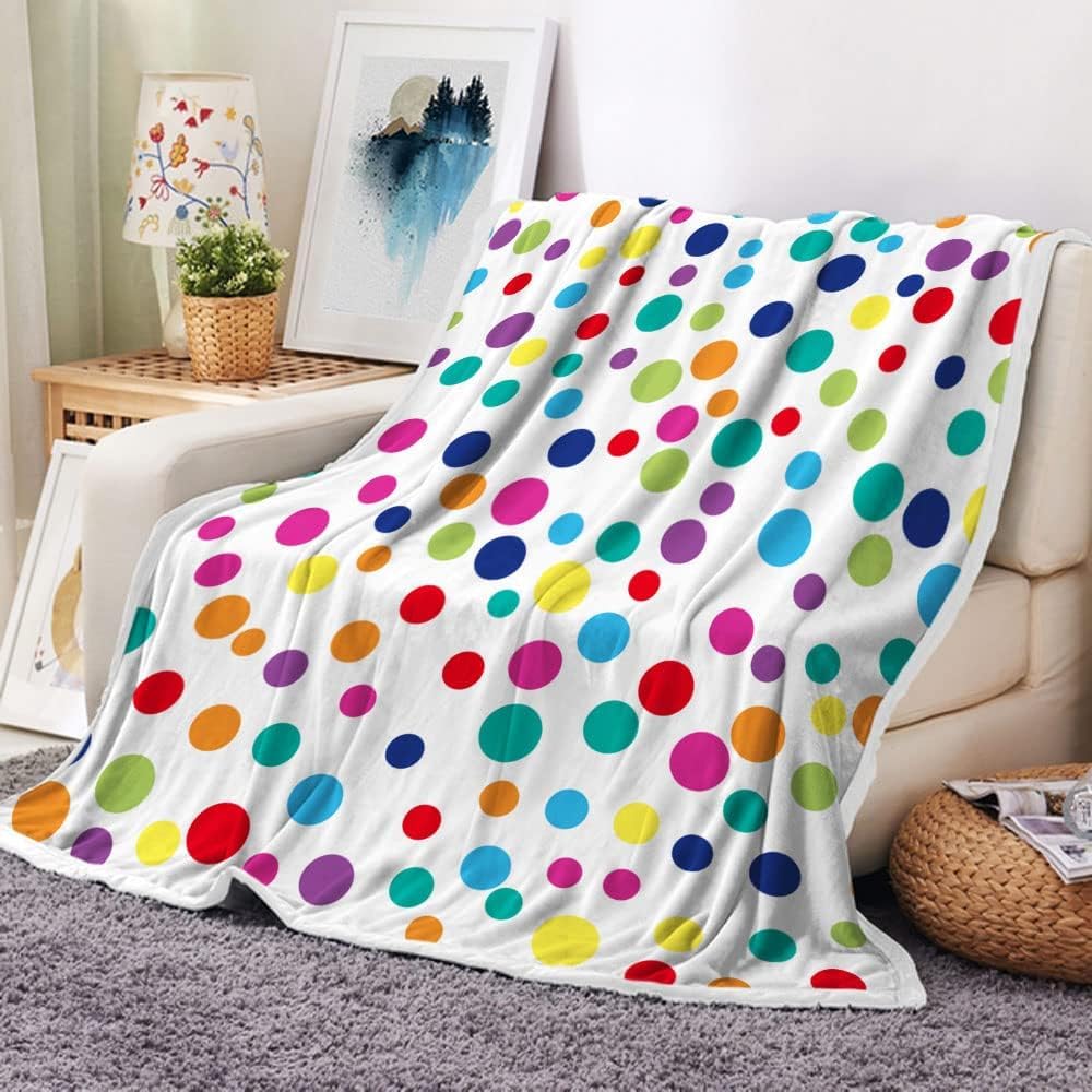 Clolrful Polka Dots Rainbow Throw Blankets, White Modern Geometric Soft Cozy Flannel Warm Blanket for Bedroom Living Room Home, Plush Throw Blanket Camping Travel Couch Sofa Kids, 50 x 60