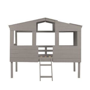 Naomi Home Susie Full Size House Bed for Kids - Cabana Style Solid Pine Wood Bed with Front Windows & Roof, Full Size Loft Bed for Kids with Guard Rails, Perfect for Girls/Boys, Light Gray