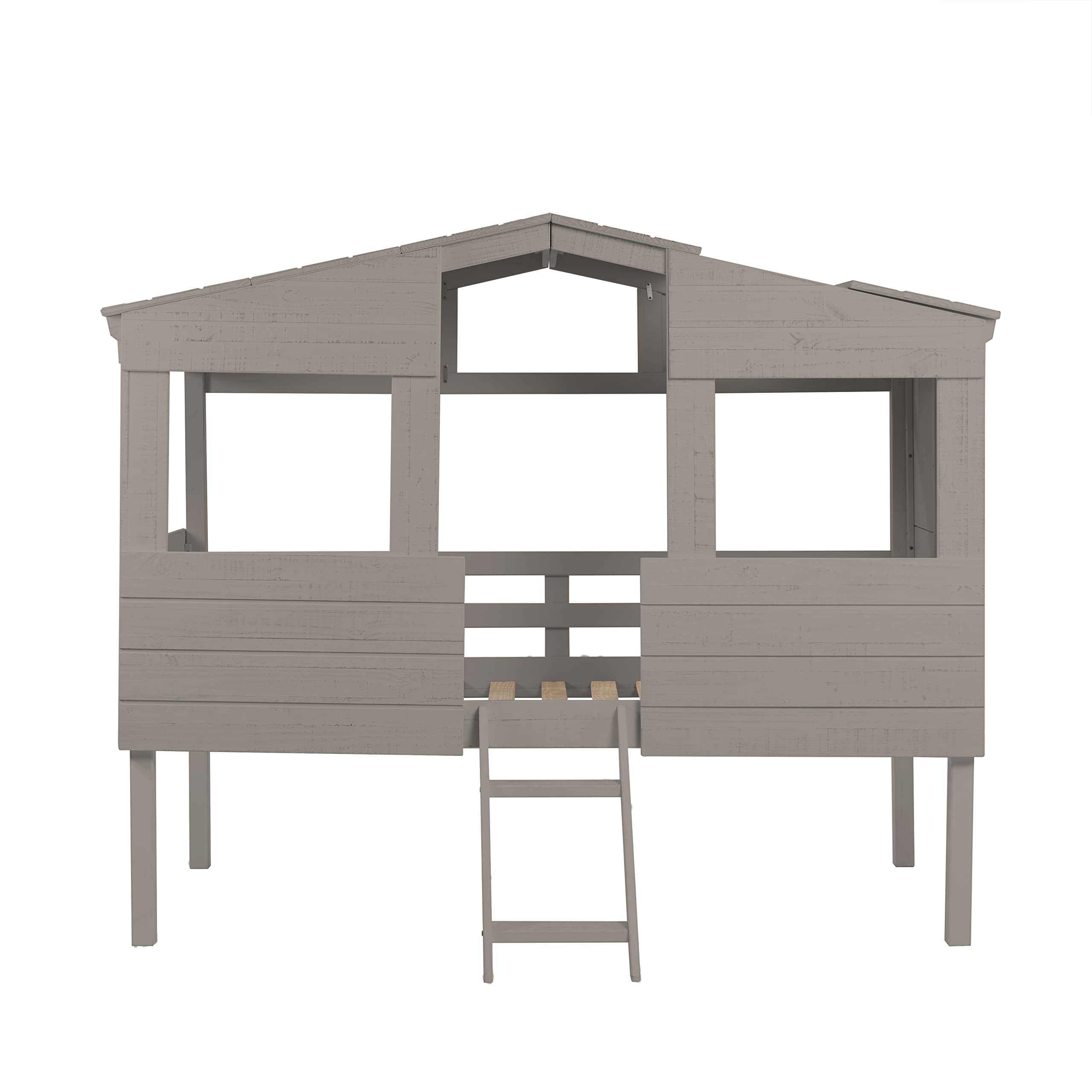 Naomi Home Susie Full Size House Bed for Kids - Cabana Style Solid Pine Wood Bed with Front Windows & Roof, Full Size Loft Bed for Kids with Guard Rails, Perfect for Girls/Boys, Light Gray