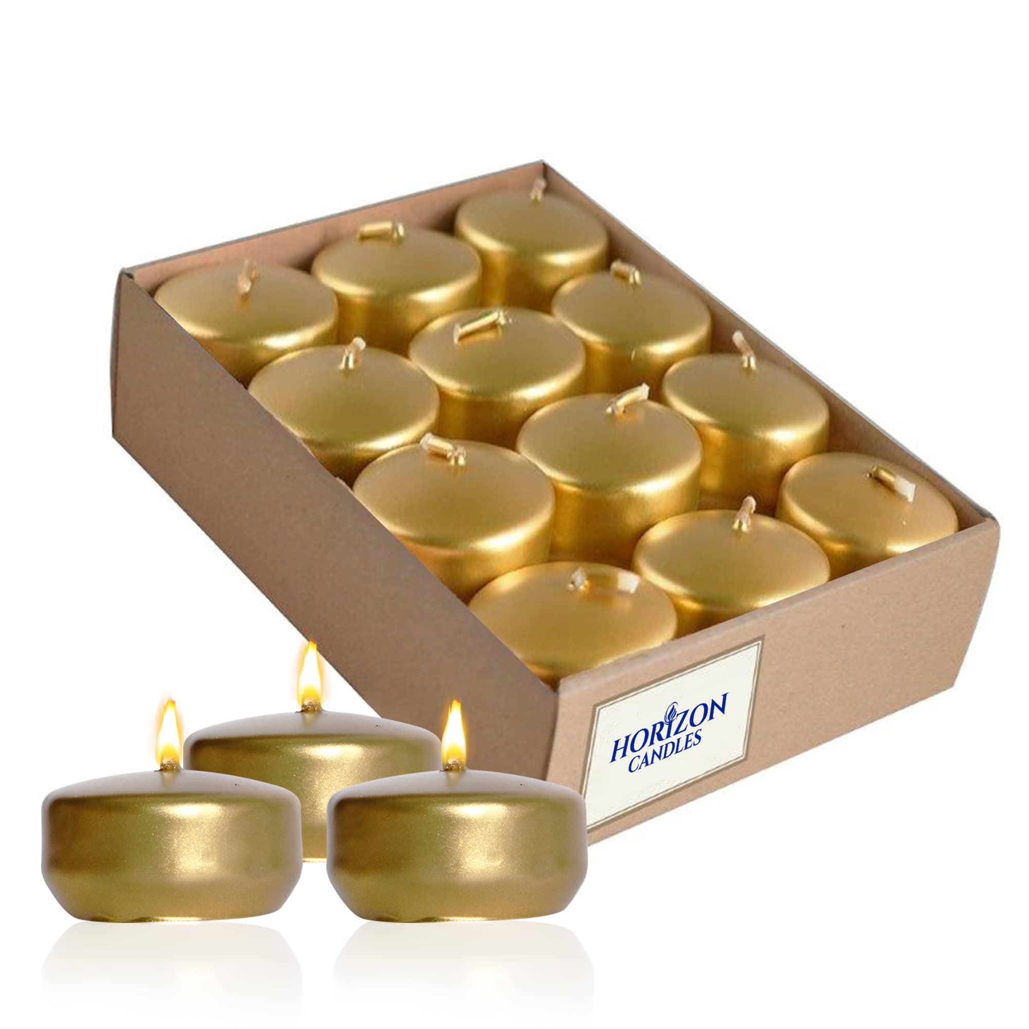 Horizon - Unscented 24 Piece Floating Candles for Parties | 2" Dripless and Smokeless Floating Candles with 5 Hours Burning Time for Centerpieces at Wedding, Pool, Home Decor | Metallic Gold