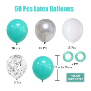 Teal Blue Silver White Balloons, 50Pcs Teal and Silver Balloons Turquoise Blue White Silver Confetti Latex Balloons for Wedding Bridal Baby Shower Birthday Graduation Party Decorations