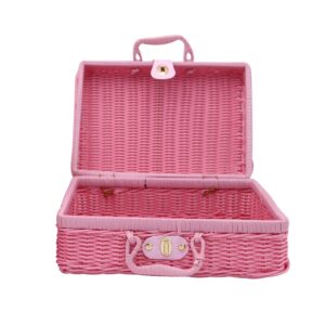 porfeet vintage rattan woven storage case with lock, makeup holder suitcase sundries organizer box with handles, rectangular wicker basket for shelf organize light pink m 1