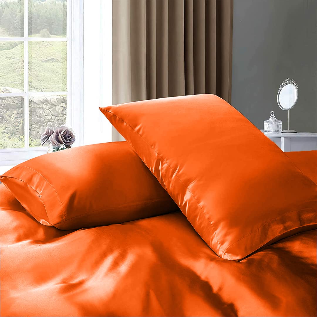 Rico Bedding 7 Pc Silk Satin Sheets| Silk Satin Duvet Cover| Silk Flat Sheet & Deep Pocket Fitted Sheet Set| Silky Smooth Pillowcases| Comfy & Luxurious Sheets Set|(Orange/California King)