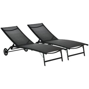 outsunny chaise lounge outdoor, 2 piece lounge chair with wheels, tanning chair with 5 adjustable positions for patio, beach, yard, pool, black