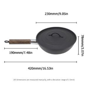 POLARBEAR Non-Stick Cast Iron Wok Small Wok Pan with Iron Lid Wooden Handle Suitable for All Stoves, 9" Mini Wok