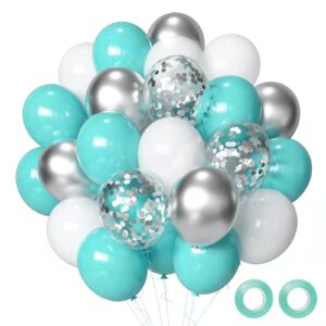 Teal Blue Silver White Balloons, 50Pcs Teal and Silver Balloons Turquoise Blue White Silver Confetti Latex Balloons for Wedding Bridal Baby Shower Birthday Graduation Party Decorations