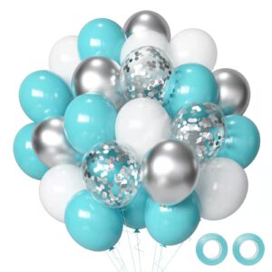 teal blue silver white balloons, 50pcs teal and silver balloons turquoise blue white silver confetti latex balloons for wedding bridal baby shower birthday graduation party decorations