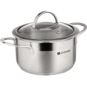 daniks bonn stainless steel stock pot with glass lid | induction 2 quart | dishwasher safe pot | measuring scale | soup pasta stew pot | silver