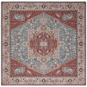 SAFAVIEH Tucson Collection Area Rug - 8' Square, Aqua & Rust, Traditional Persian Design, Non-Shedding Machine Washable & Slip Resistant Ideal for High Traffic Areas in Living Room, Bedroom (TSN150J)